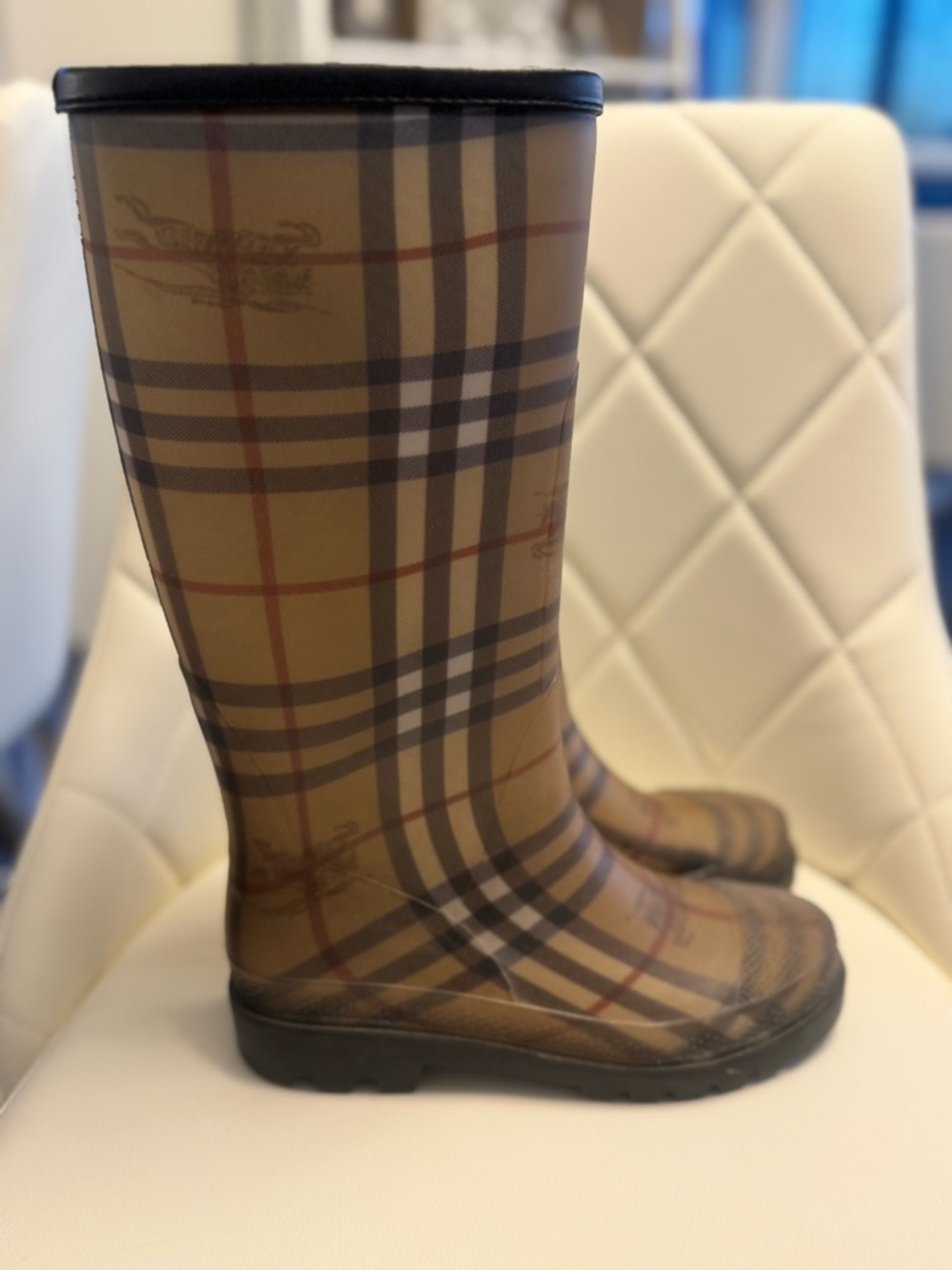 Burberry Beige and Black Plaid Rain Boot